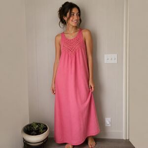 Faroro Pink Salmon Maxi Dress Large Boho Crochet Macrame Sleeveless Beach Resort